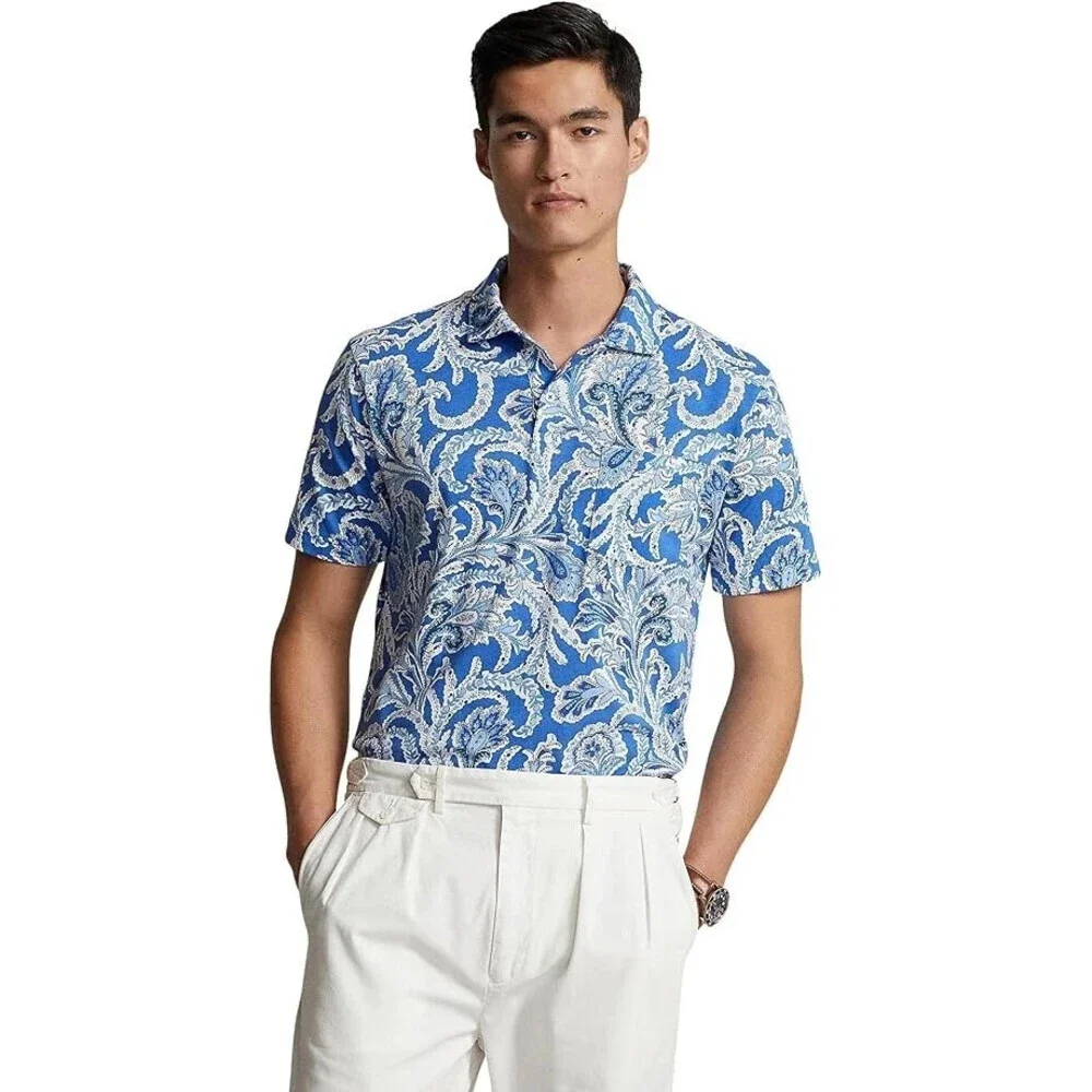 Polo Ralph Lauren Polo Shirt Men XL Blue White Paisley Jersey Standard Fit FTS24